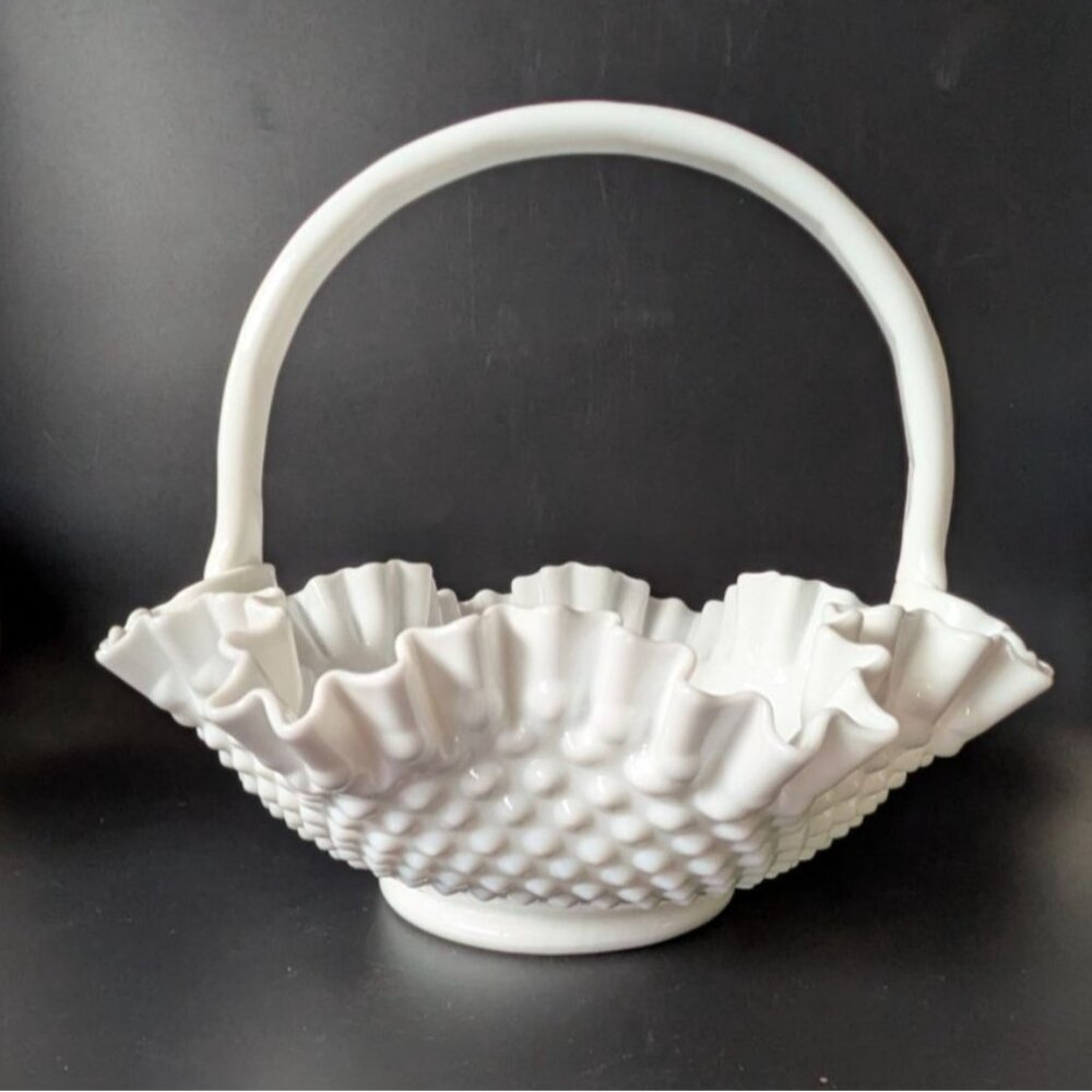 Fenton Ruffled Hobnail Milk Glass Basket Handle Vintage Decorative Collectible